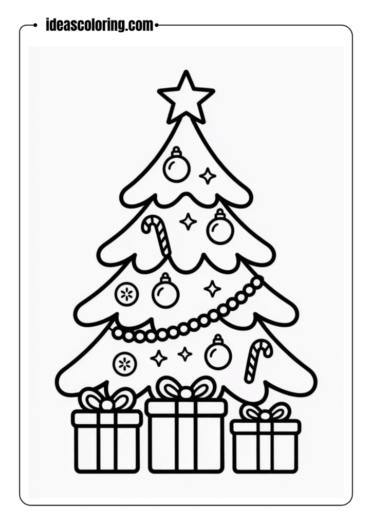 Christmas tree with ornaments, candy canes, a star on top, and presents underneath – line art, simple outlines, coloring page style
