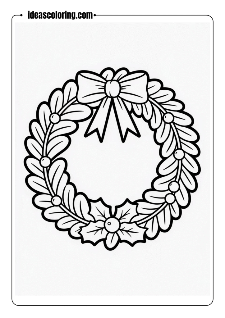 Christmas wreath with holly, berries, ribbon, and a bow – outlined drawing for festive coloring pages