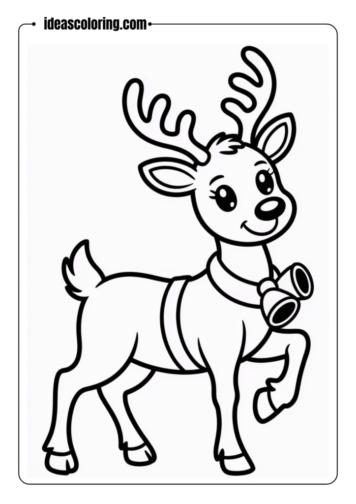 Outlined reindeer with a harness and sleigh bells, in a prancing pose – designed for a children's Christmas coloring sheet