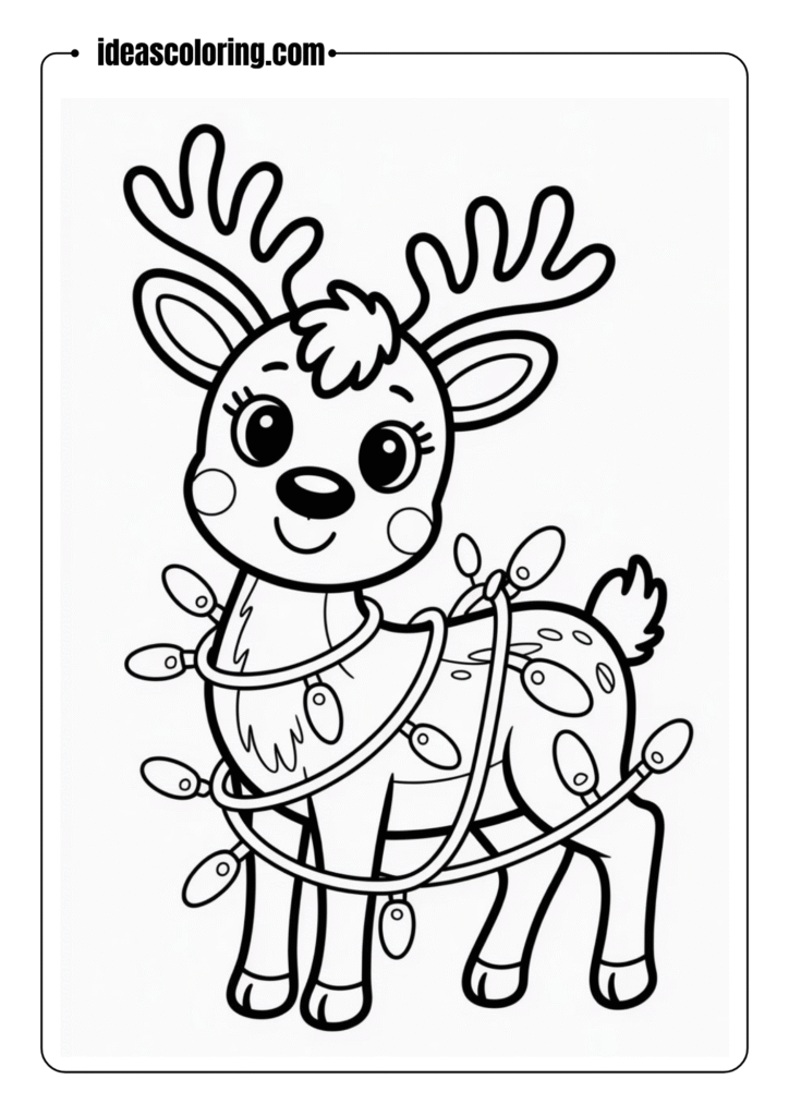 Cute cartoon reindeer tangled in Christmas lights – line art style for festive coloring pages