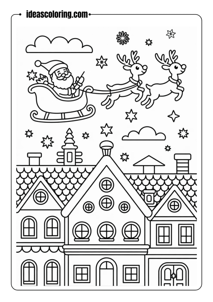Cute outlined cartoon-style Santa’s sleigh flying over rooftops with reindeer – no color, clean Christmas coloring page design