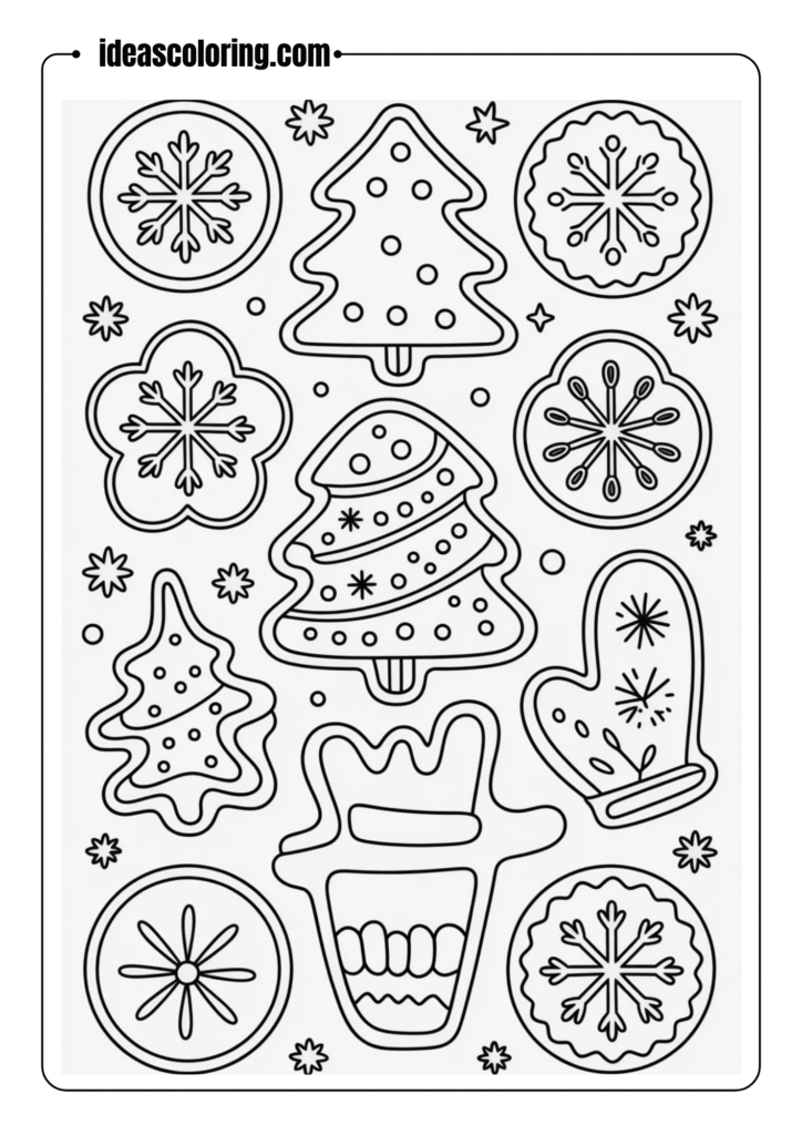Decorated Christmas cookies_ snowflakes, trees, stars, mittens – outlined drawing for holiday baking-themed coloring page