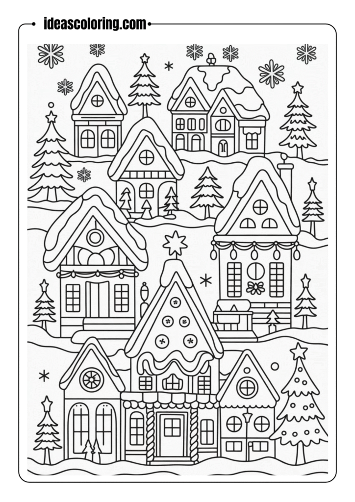 Detailed drawing of Christmas village with snowy rooftops, light poles, and decorated trees – outlined for coloring page