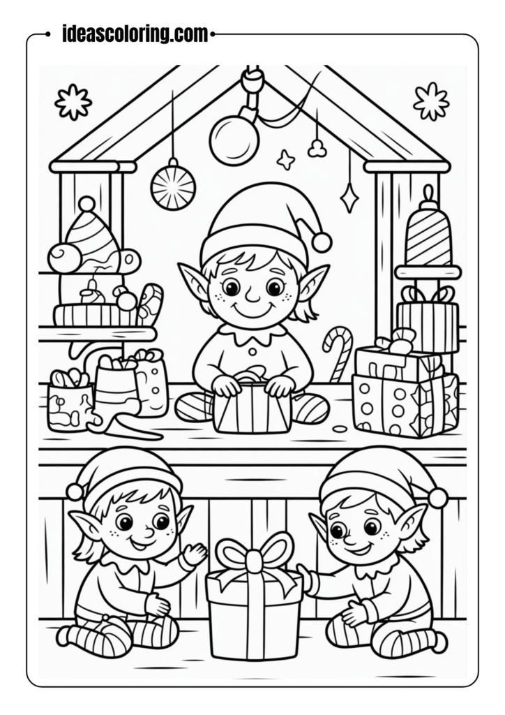 Elf workshop scene with elves making toys and wrapping gifts – coloring book illustration, black-and-white line art only