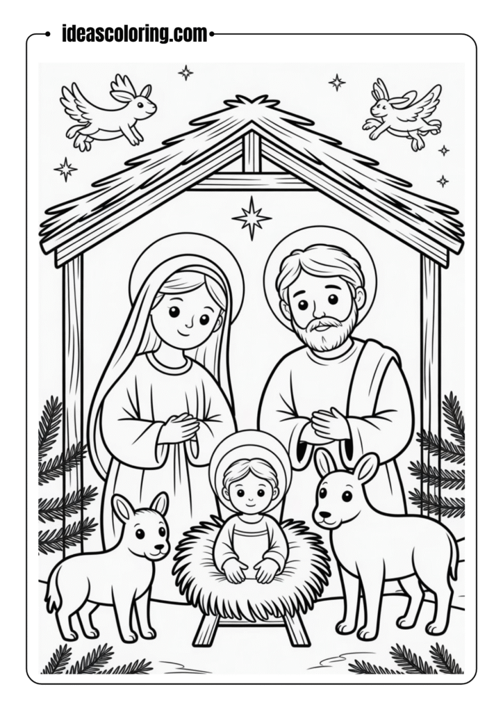 Nativity scene with baby Jesus, Mary, Joseph, and animals – detailed line drawing for a Christmas religious coloring page