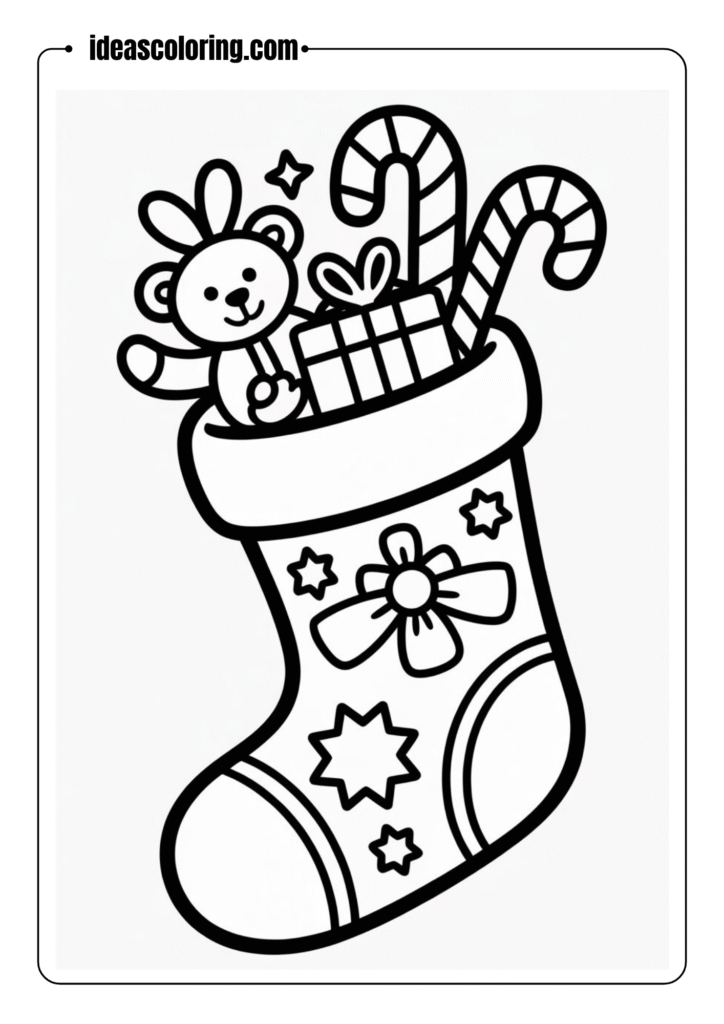 Outlined Christmas stocking filled with candy canes, gifts, and a teddy bear – black-and-white line art only