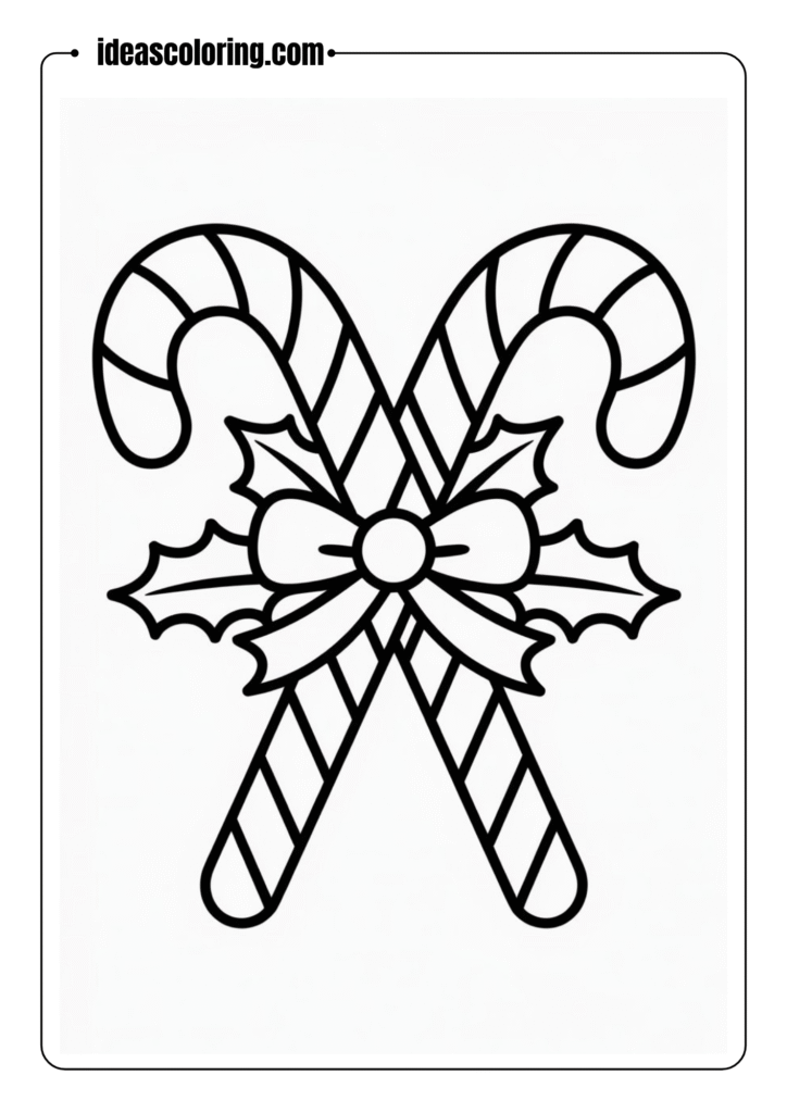 Outlined candy cane crossed with holly leaves and a bow – Christmas coloring page line art