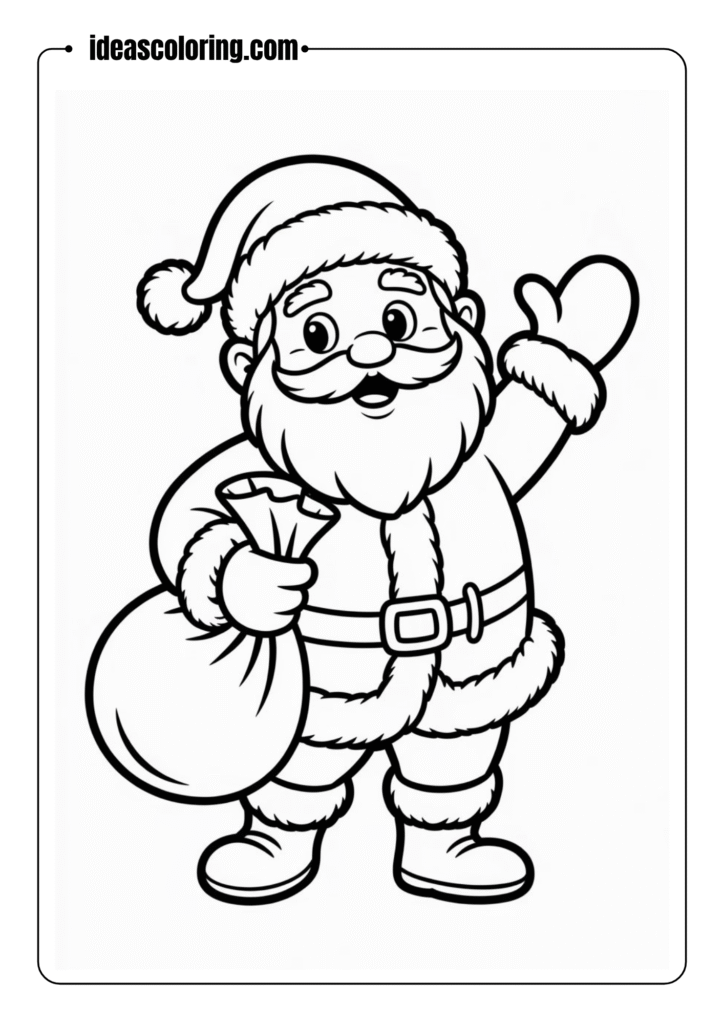 Outlined drawing of Santa Claus holding a gift bag, waving, wearing a fluffy hat and boots – coloring book style, no color, clean black-and-white lines