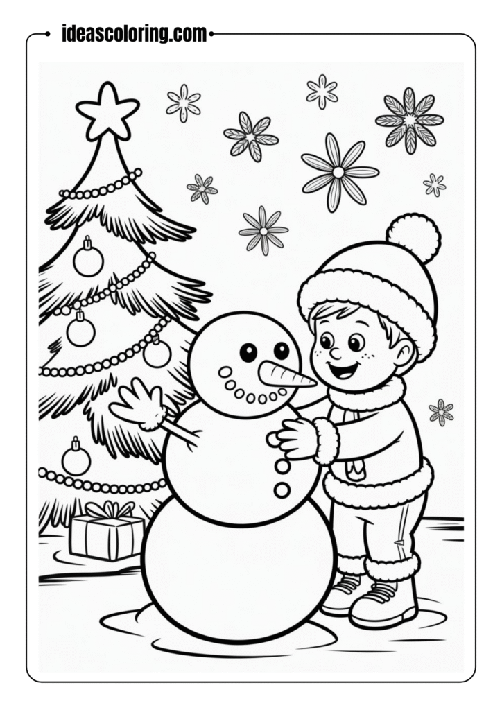 Outlined drawing of a child building a snowman near a Christmas tree – holiday coloring sheet design, no shading