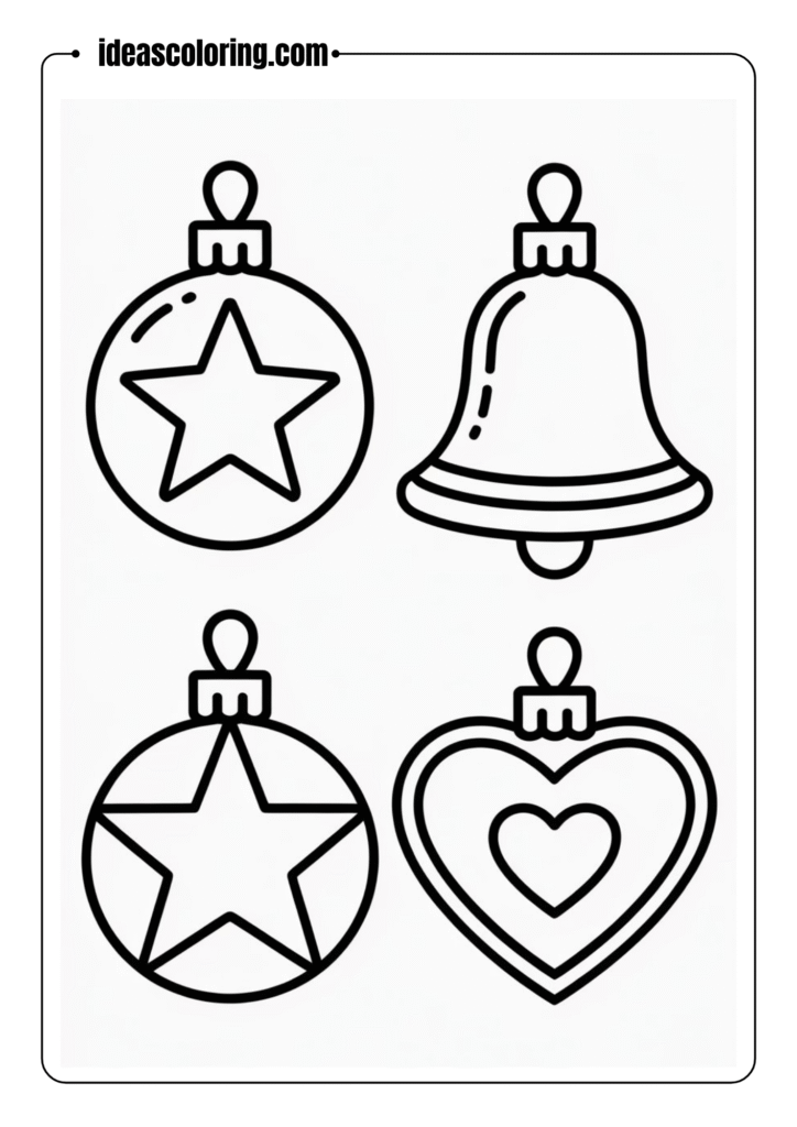 Outlined ornament set_ round, star, bell, and heart-shaped Christmas ornaments – for decorative coloring