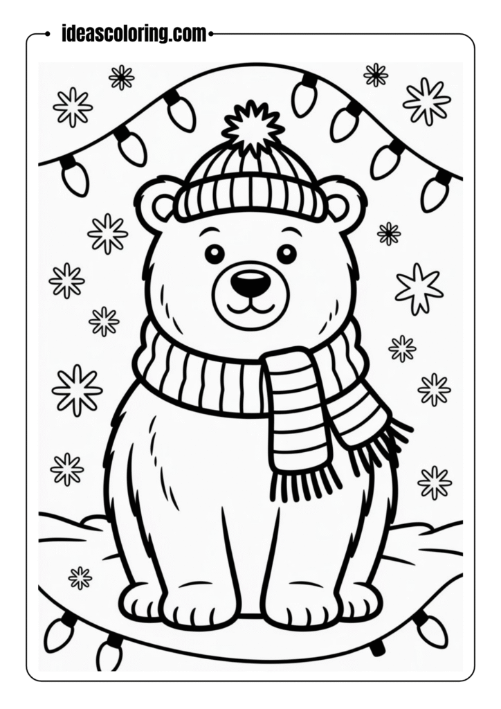 Outlined polar bear wearing a winter hat and scarf, surrounded by Christmas lights – coloring page art style