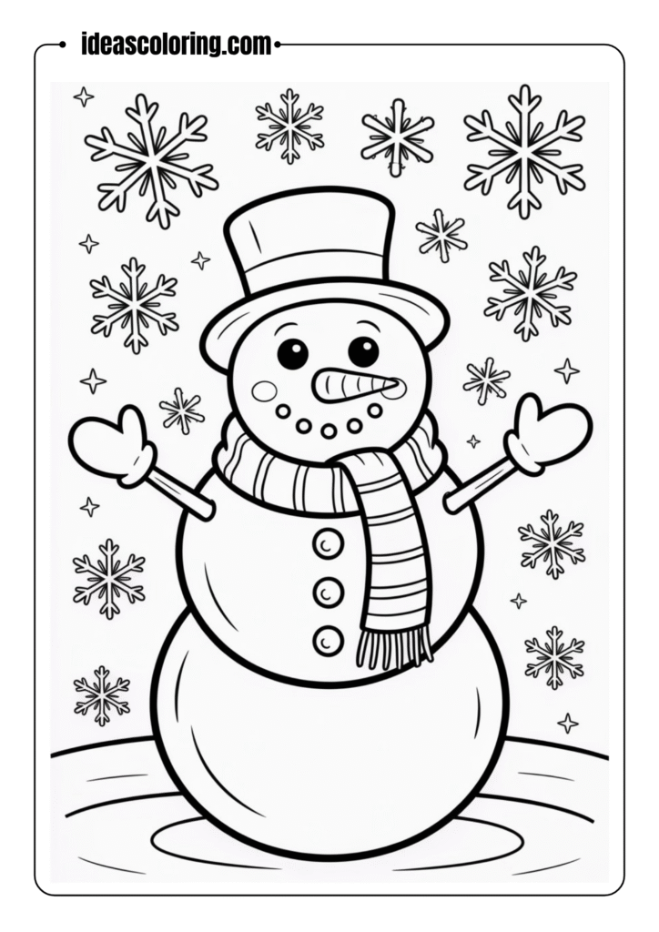 Outlined scene of a snowman wearing a scarf and top hat, surrounded by falling snowflakes – Christmas coloring page, no shading