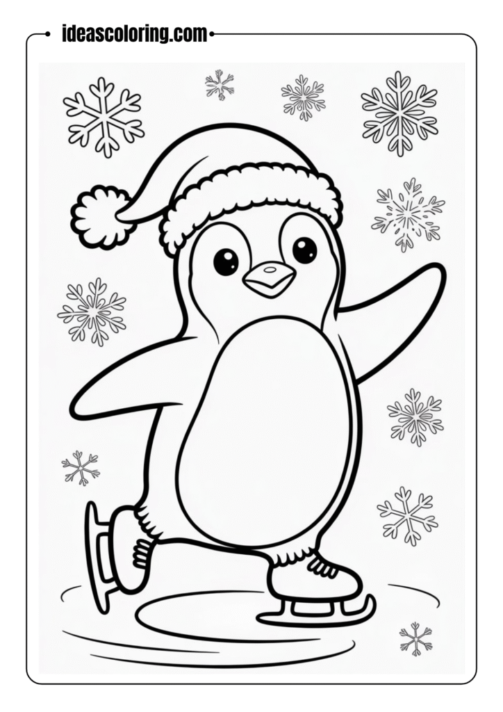 Penguin in a Santa hat ice skating with snowflakes around – clean line art illustration for coloring