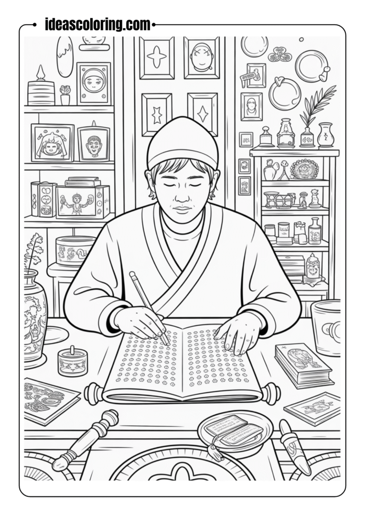 Rumi Studying Ancient Scrolls