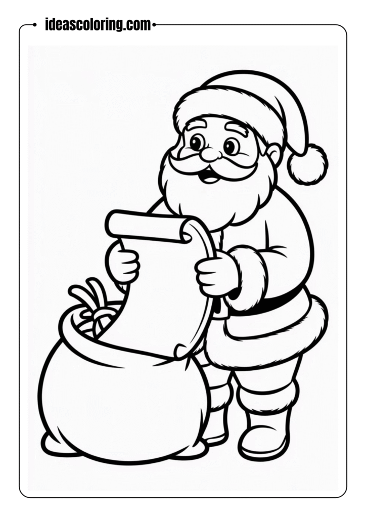 Santa Claus checking his list next to a large gift sack – black-and-white line art, suitable for children’s coloring book