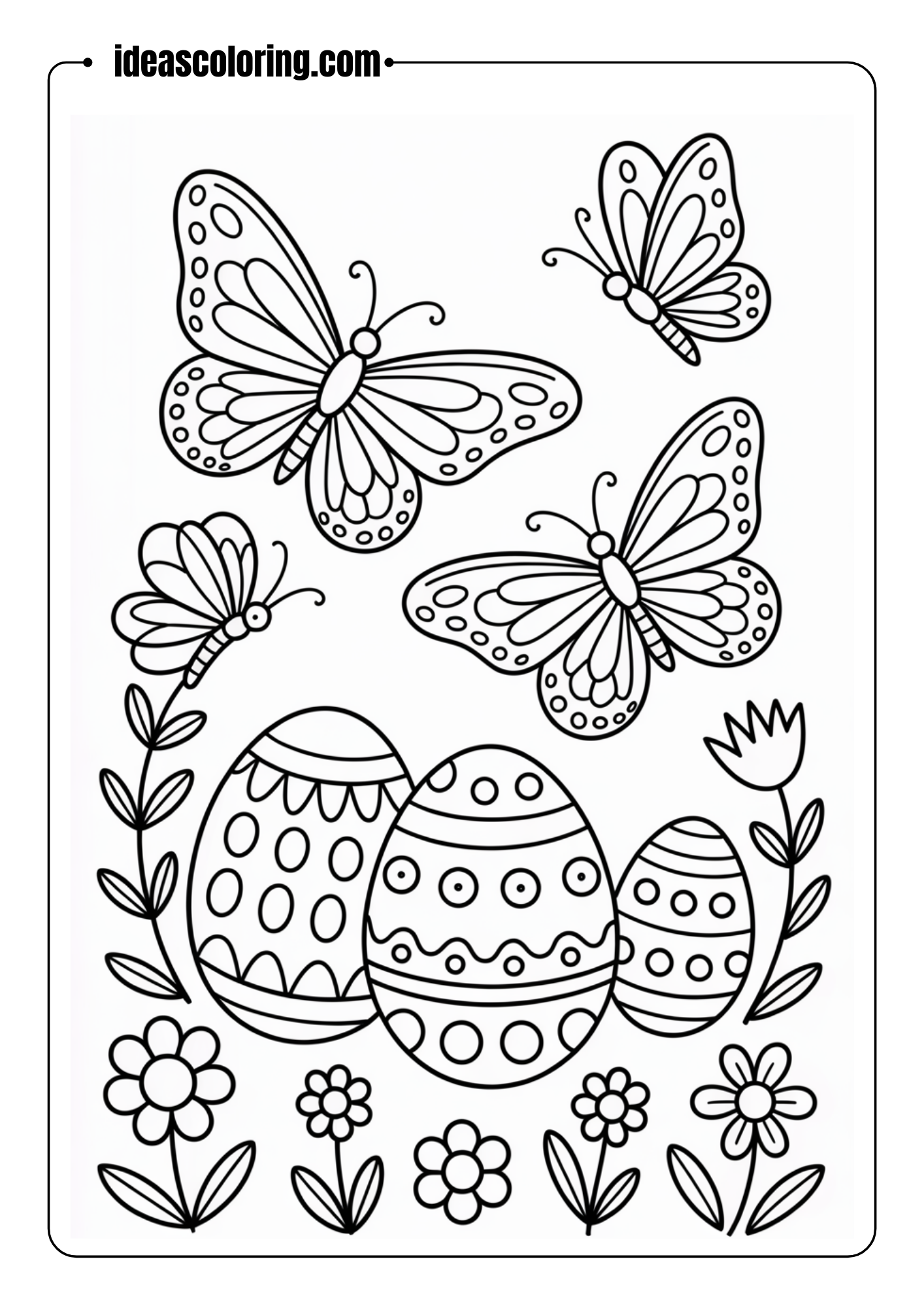 Butterfly and Flowers Easter Scene Coloring Page