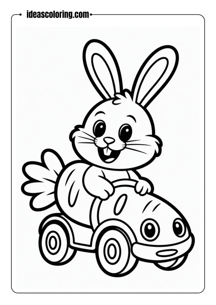 Easter Bunny Driving a Carrot Car Coloring Page