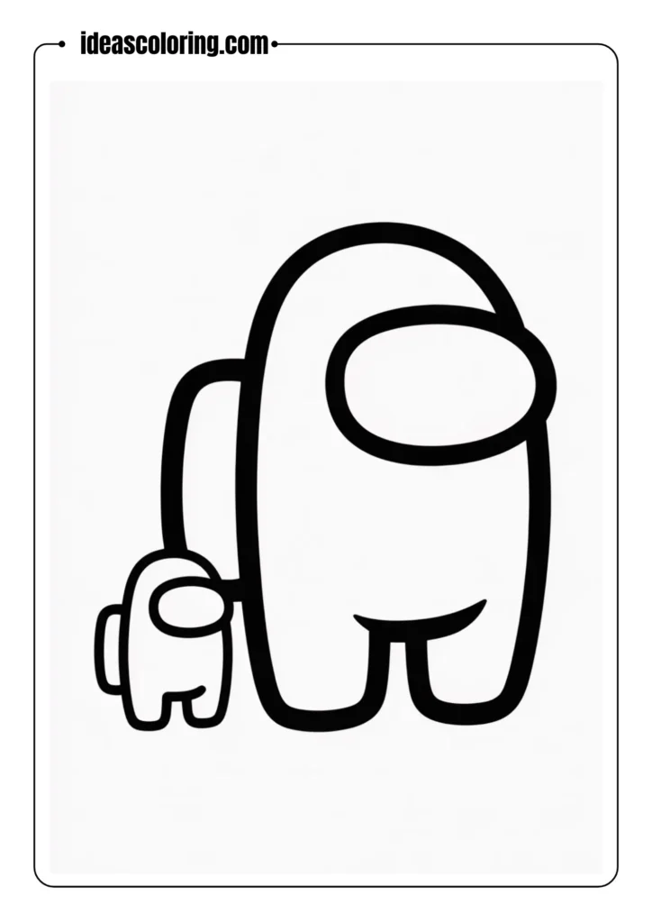 Outlined Among Us crewmate with a pet mini-crewmate beside them, thick lines, clean and simple shapes, empty background