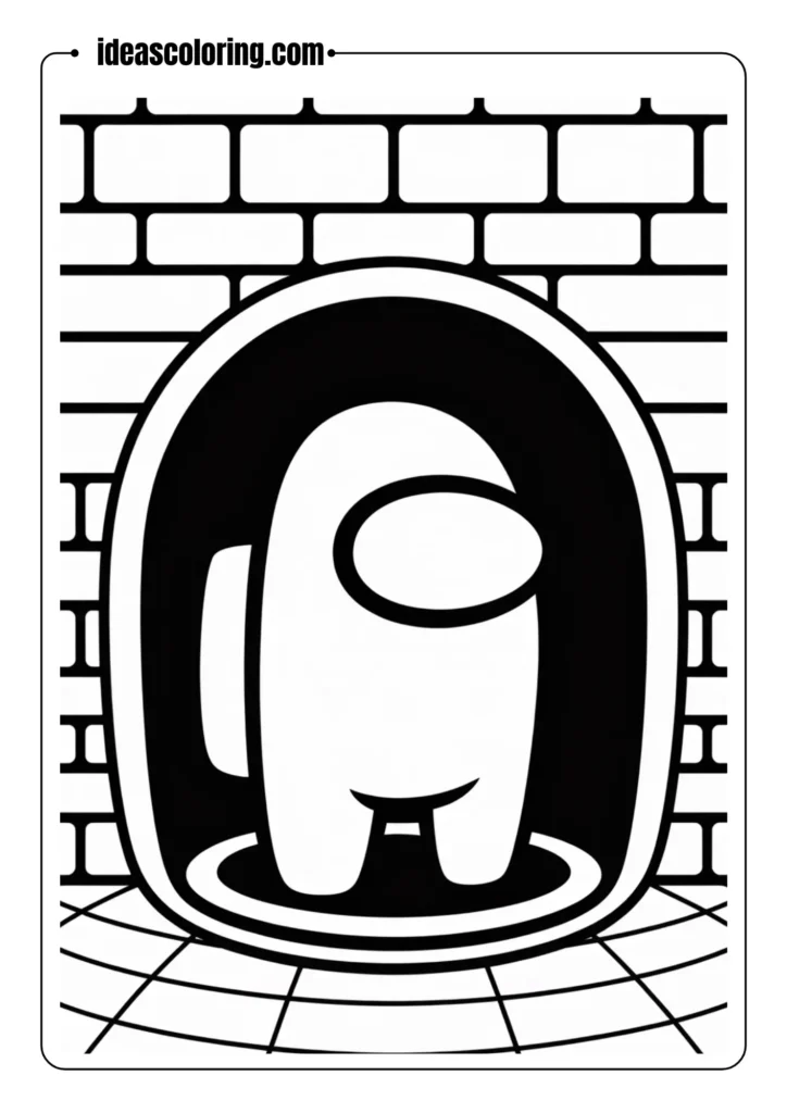 Outlined Among Us impostor hiding in a vent, bold lines, minimal scene details, pure black-and-white line art