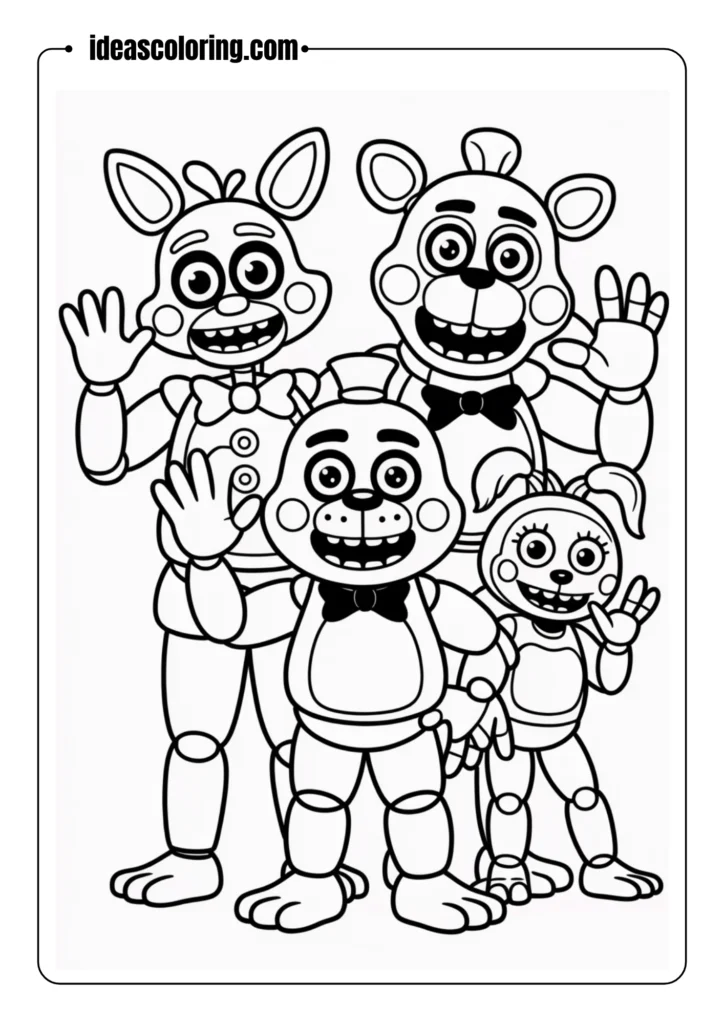 “All-main-FNAF-animatronics-_Freddy_-Bonnie_-Chica_-Foxy_-waving-together_-simple-line-art_-bold-out