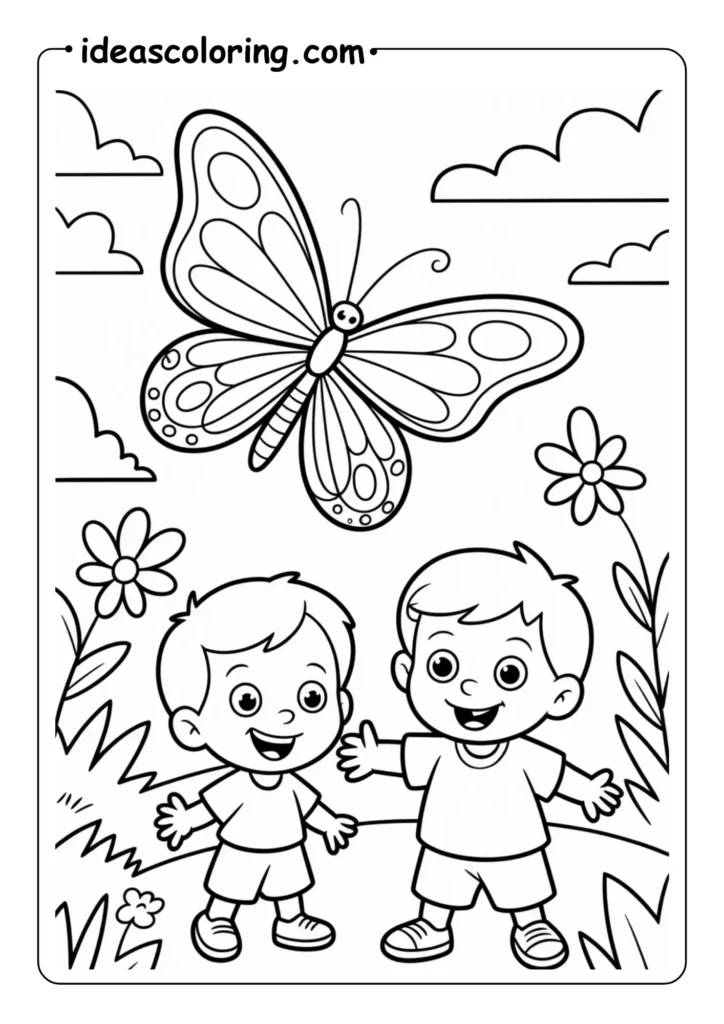 Butterfly near kids happy