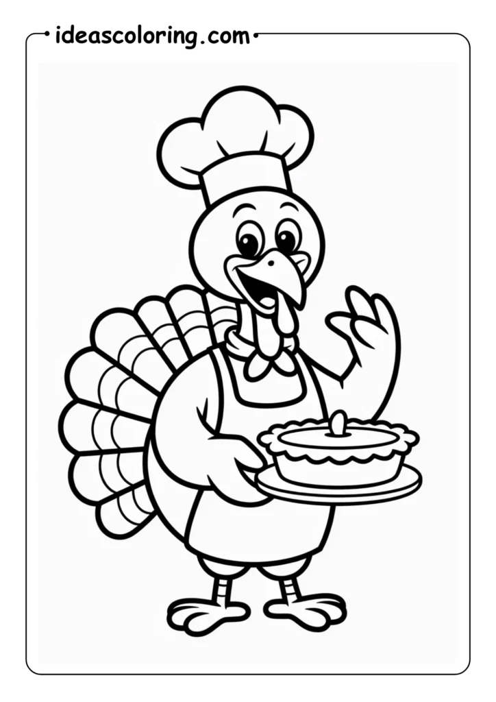 Chef Turkey_ Turkey wearing a tall chef's hat and apron, baking a pumpkin pie