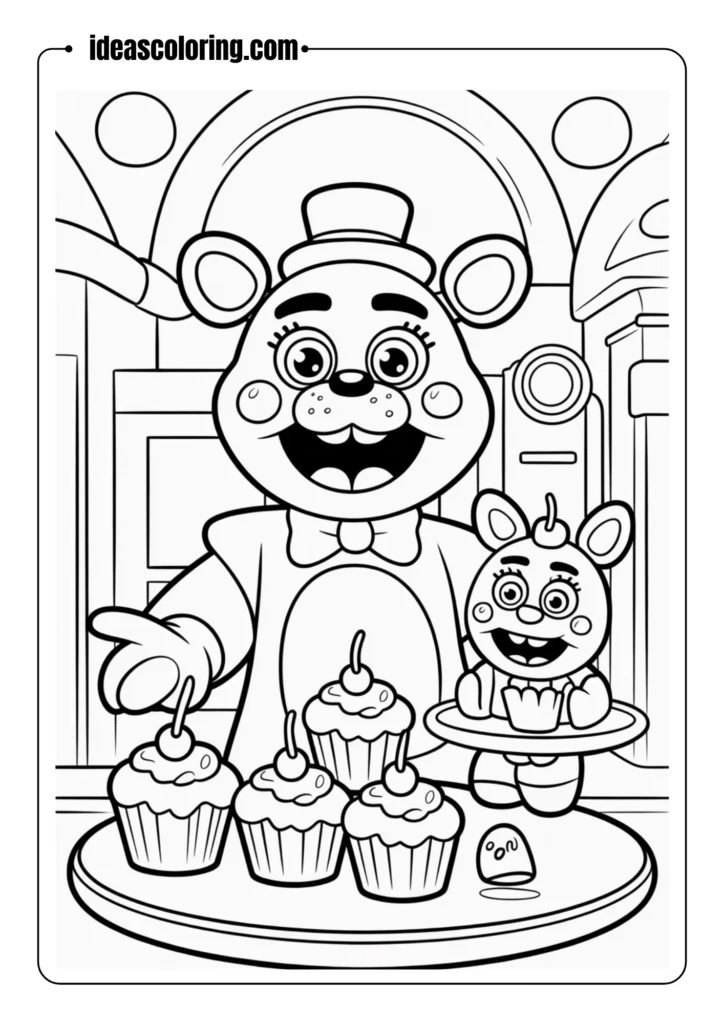 Chica-serving-cupcakes-to-Freddy-and-Bonnie_-outlined-cartoon-graphic_-coloring-page