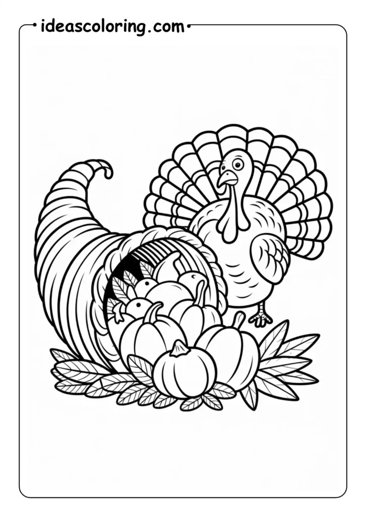 Cornucopia Scene_ A turkey standing next to a _horn of plenty_ spilling out fruits and squash