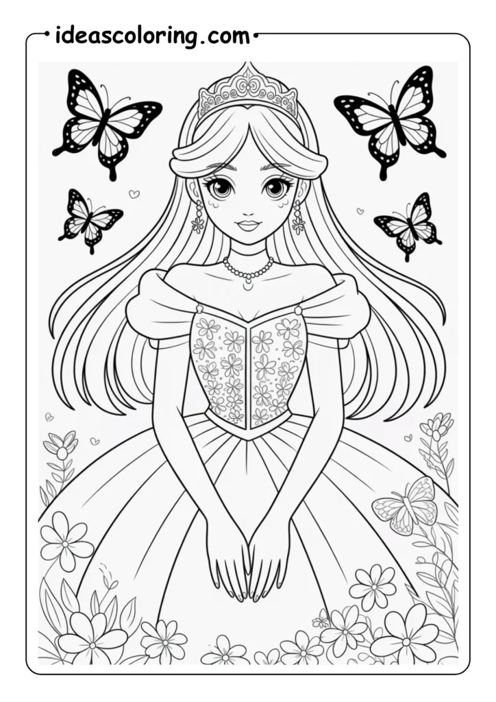 Elegant Anime Princess Coloring Page with Butterflies