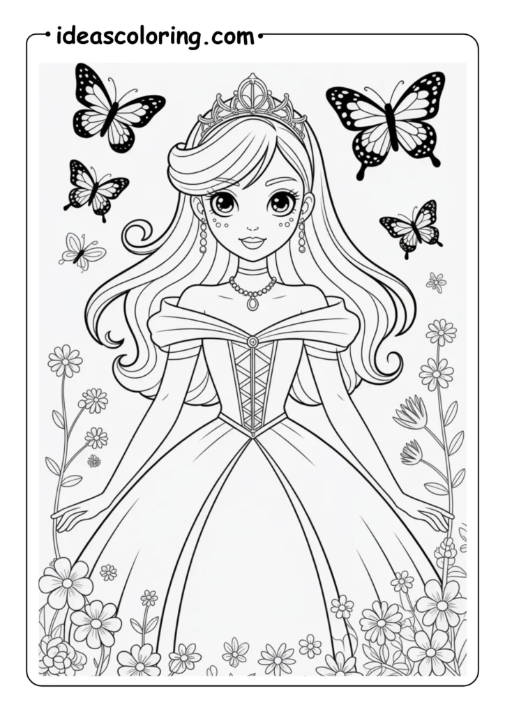 Elegant Anime Princess Coloring Page with Butterflies and flowers