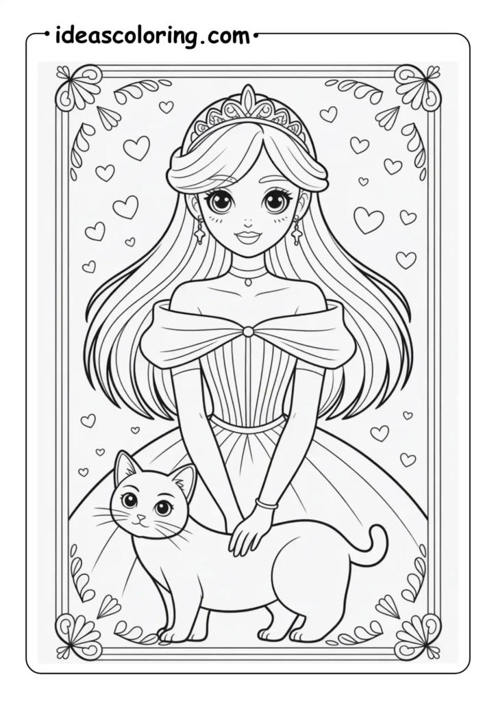Elegant Anime Princess Coloring Page with cat