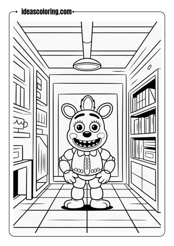 FNAF security office interior, simplified cartoon lines, coloring book ready