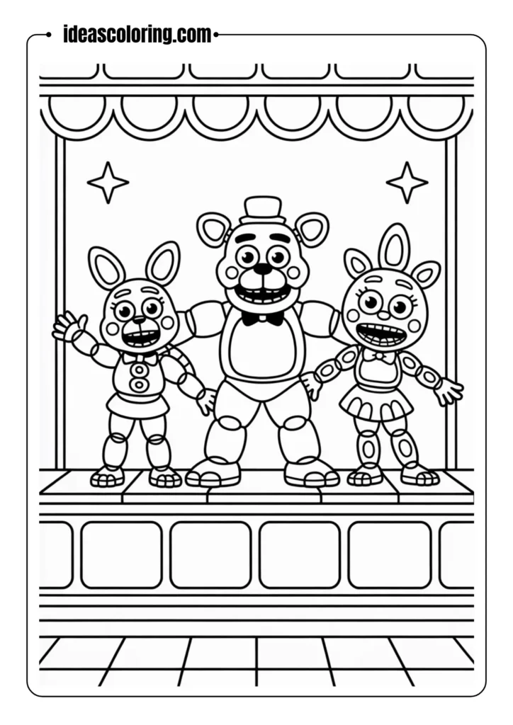 FNAF stage with Freddy, Bonnie, and Chica performing, outlined graphic, coloring page style