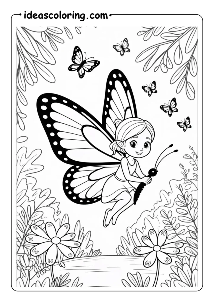 Fairy Rider_ Small fairy sitting on a flying butterfly, magical forest background