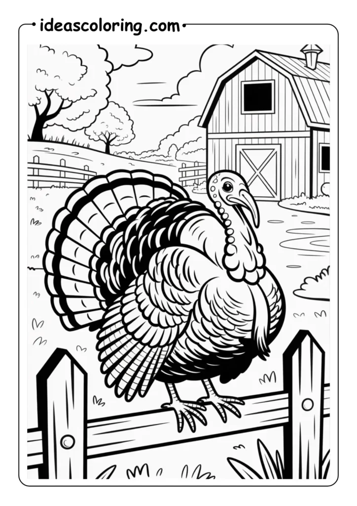 Farm Scene_ Realistic turkey standing on a wooden fence with a barn in the background