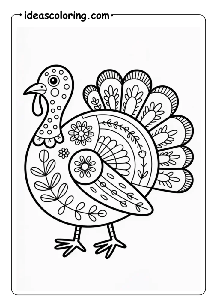Folk Art_ Stylized turkey featuring floral and geometric Scandinavian designs on the body