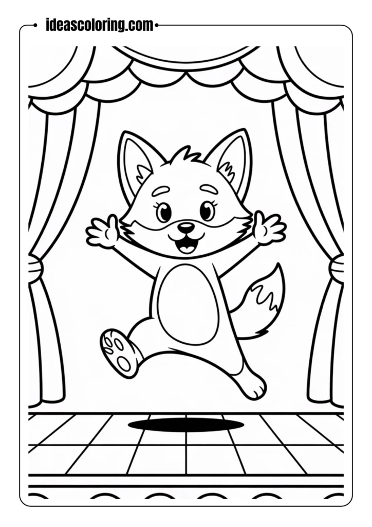 “Foxy-jumping-from-stage_-bold-lines_-simple-line-art_-coloring-book-style.”
