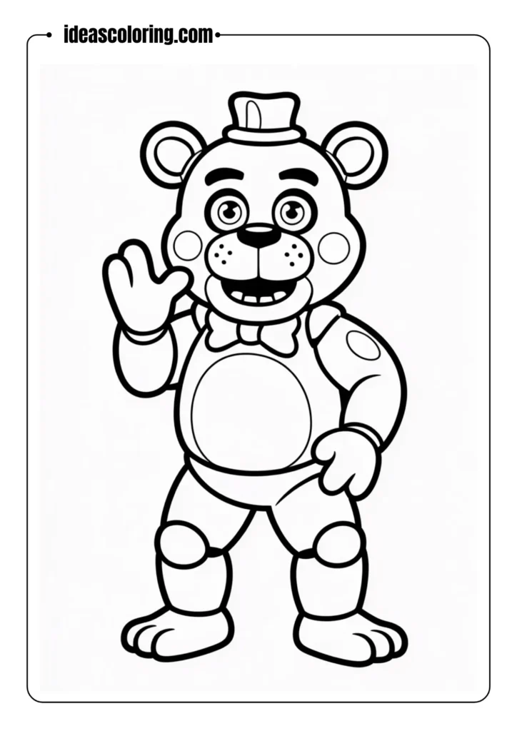 Freddy Fazbear standing and waving, cartoon-style line art, bold outlines, coloring page
