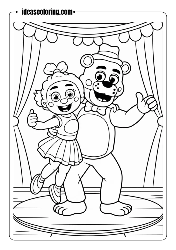 Freddy and Bonnie dancing on stage, line art, no shading, coloring page style