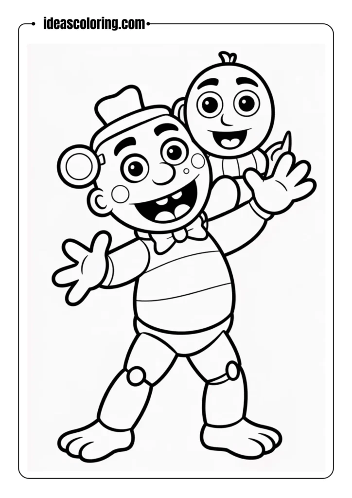 Freddy and The Puppet together in playful pose, cartoon outlines, coloring page style