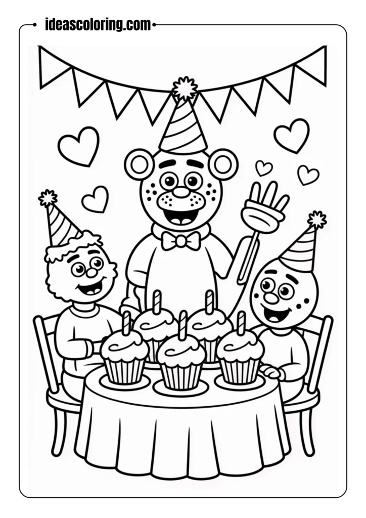 “Freddy-and-friends-at-a-party-table-with-cupcakes_-line-art_-bold-outlines.”