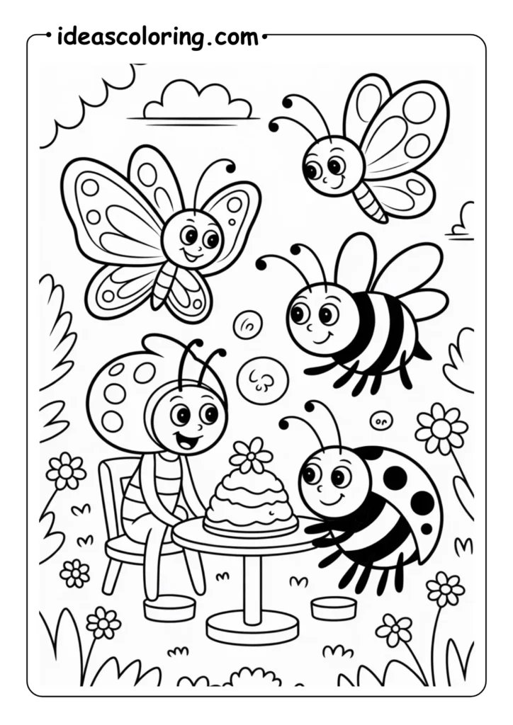 Garden Party_ Cartoon butterfly, bee, and ladybug having a picnic