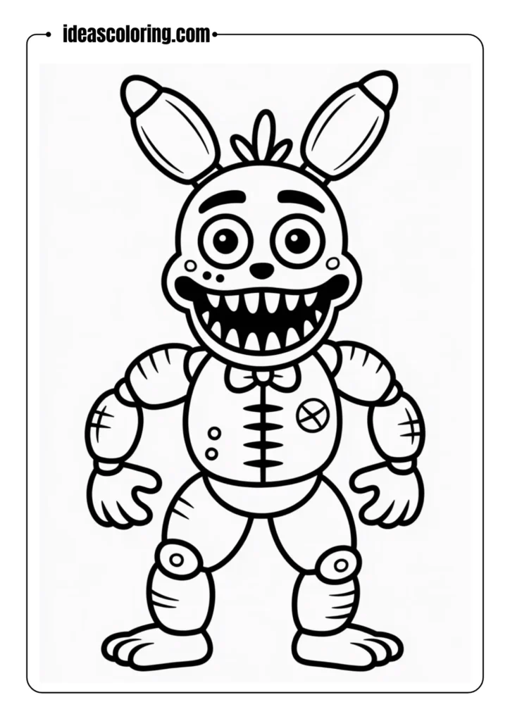 Springtrap in a non-scary cartoon outline, thick lines, FNAF coloring page
