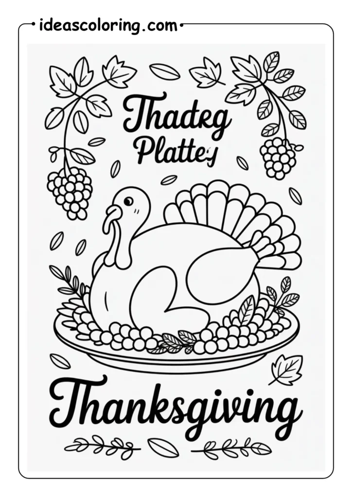 Thanksgiving Platter_ A roasted turkey on a serving dish surrounded by grapes and herbs