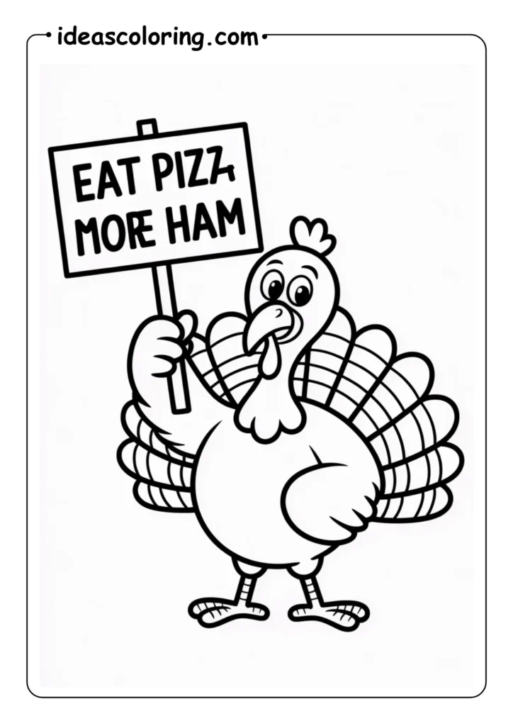 The Protest_ Cartoon turkey holding a picket sign that says _Eat More Ham_ or _Eat Pizza
