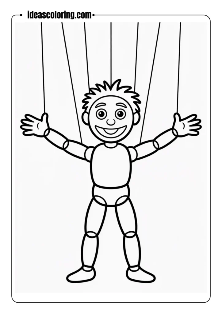 The Puppet_Marionette standing with arms out, bold line drawing, coloring book style