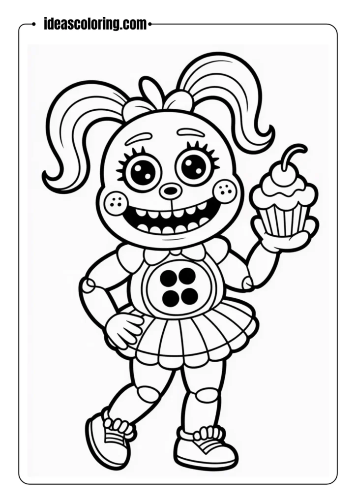 Toy Chica with cupcake, line art only, FNAF coloring page style