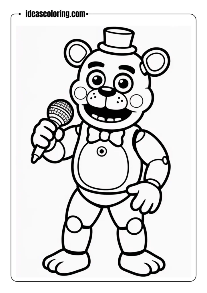 Toy Freddy smiling and holding a microphone, cartoon line drawing, coloring page style
