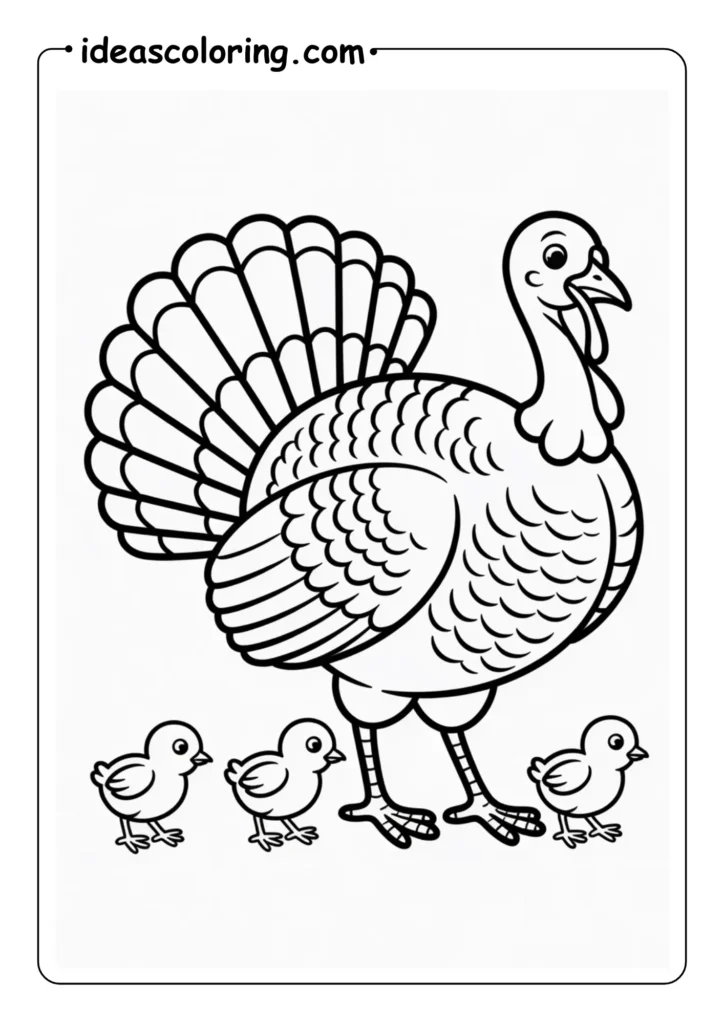 Turkey Family_ A mother turkey walking in a line with three tiny baby chicks