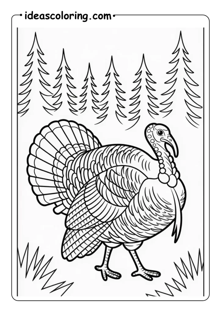 Wild Turkey_ Realistic profile view of a turkey walking through a pine forest